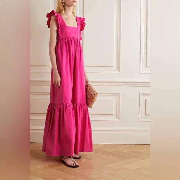 Self Portrait Ruffle Cotton Poplin Fuchsia Maxi Dress - Picture 4 of 8